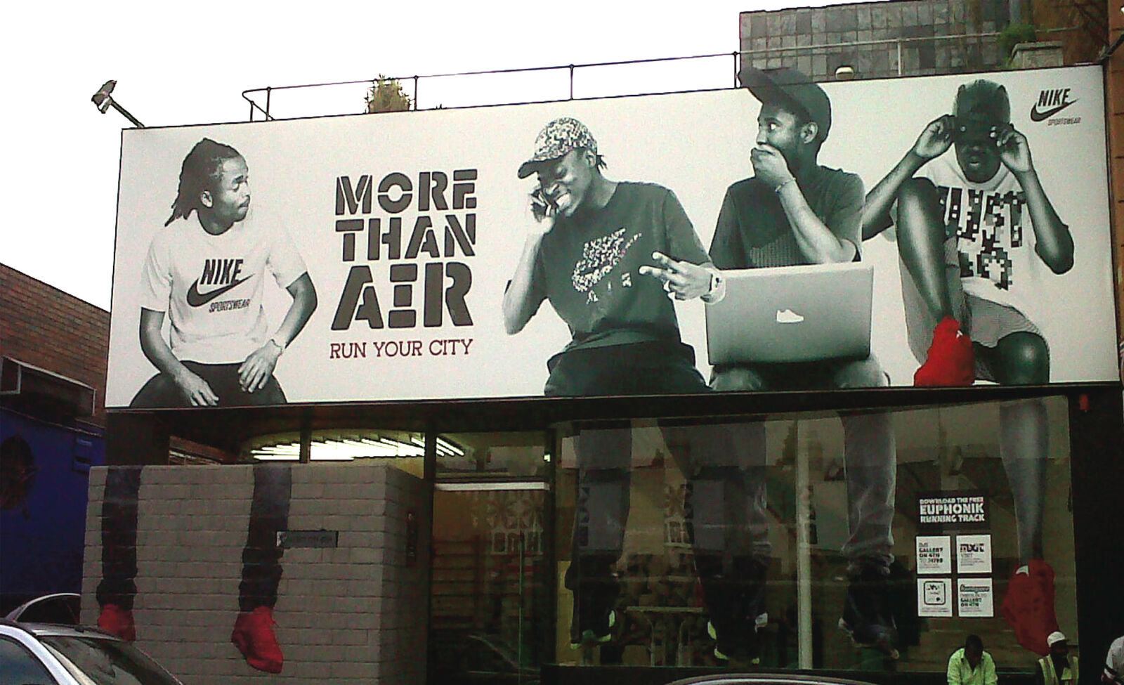 Nike More Than Air billboard printed and mounted above a shopfront